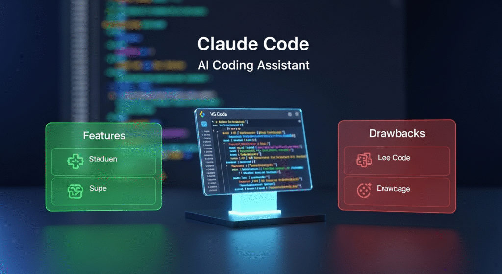 "Claude Code AI assistant in VS Code, showing pros in green and cons in red with a sleek tech design."