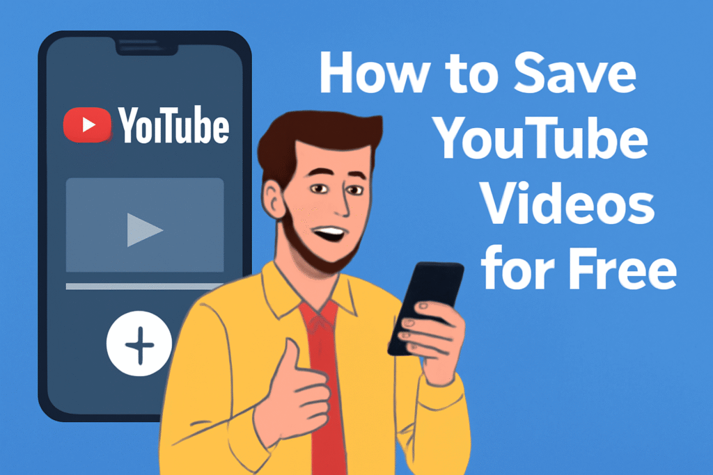 A young man holding a smartphone, giving a thumbs-up with the YouTube logo and download button on the screen.