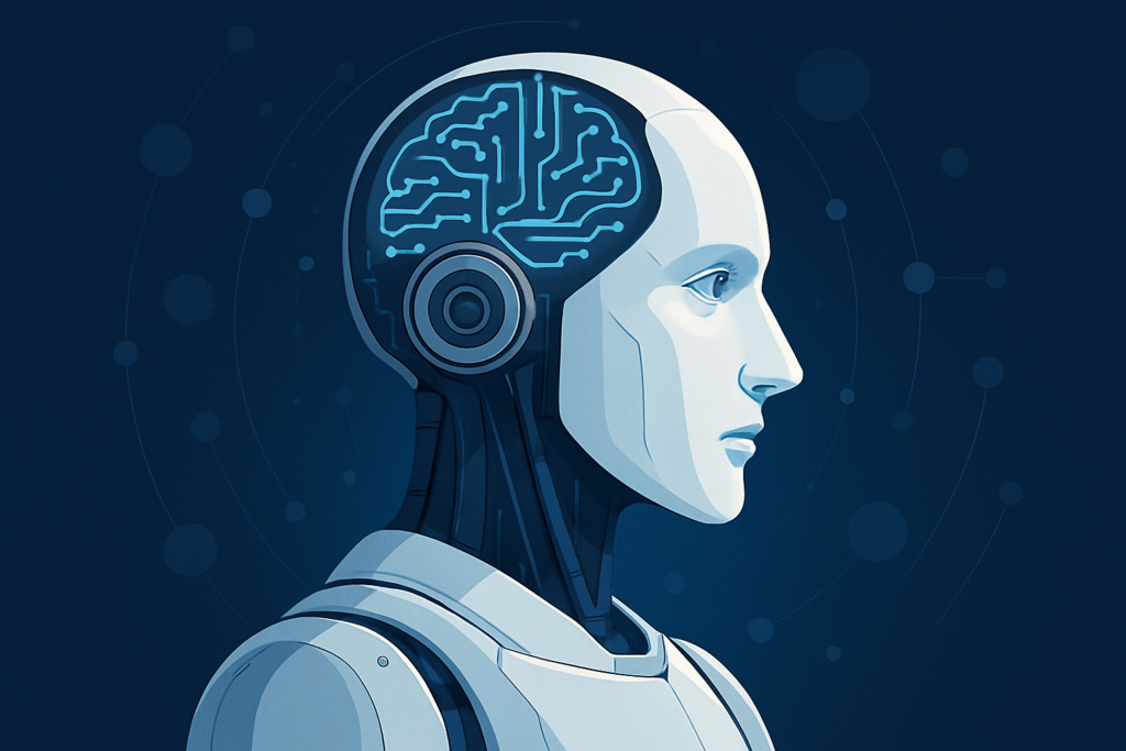 A humanoid AI robot with a glowing digital brain on a dark blue tech background.