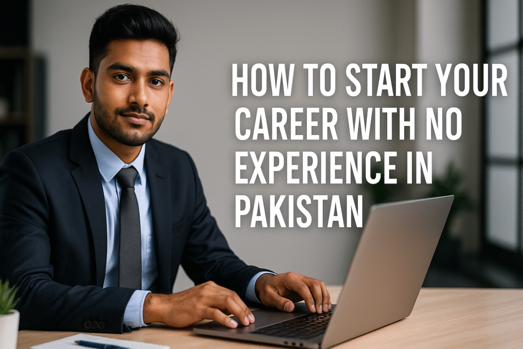 Pakistani student in suit working on laptop with article title overlay