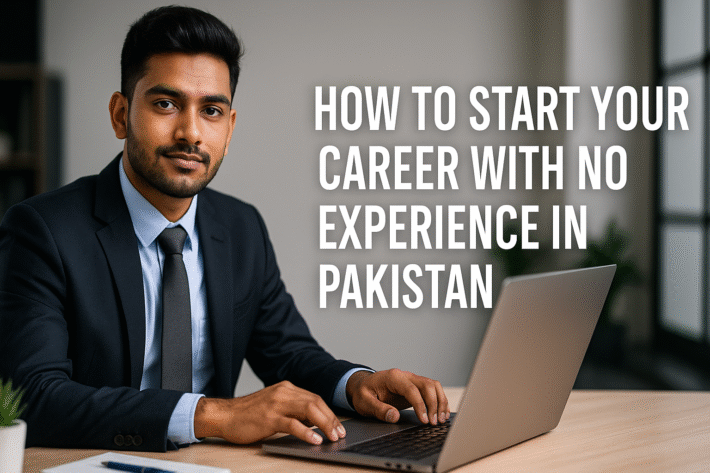 Pakistani student in suit working on laptop with article title overlay