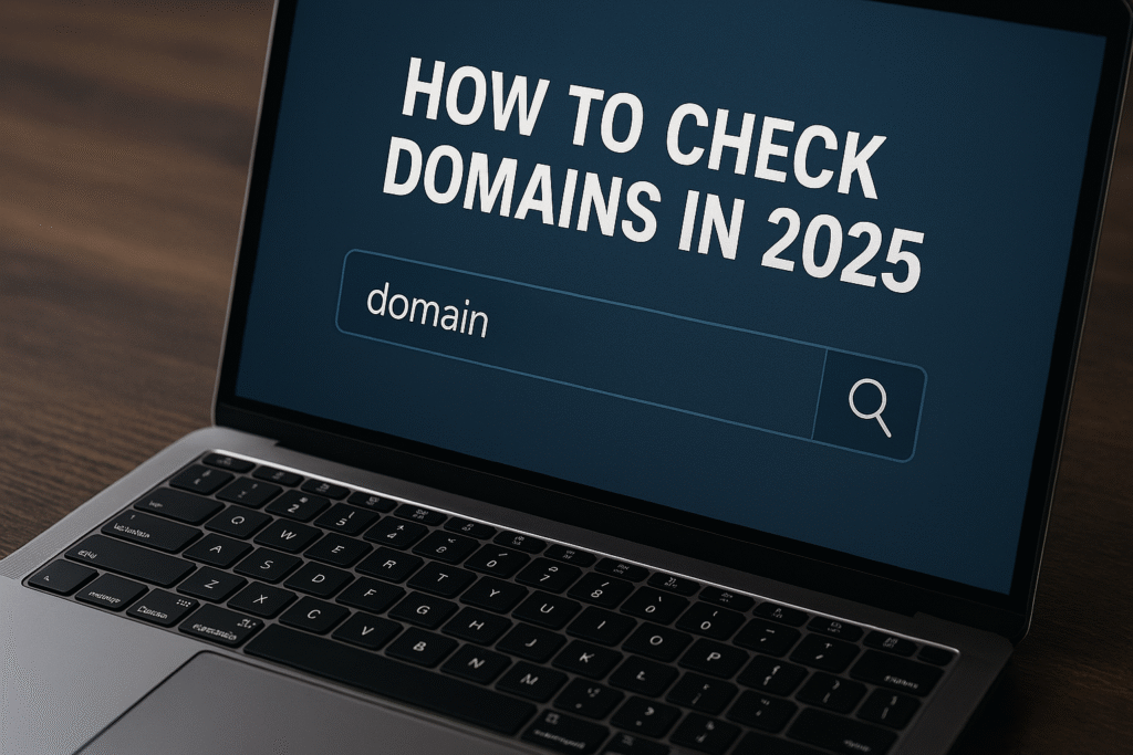 Laptop with domain search bar and title “How to Check Domains in 2025” on screen