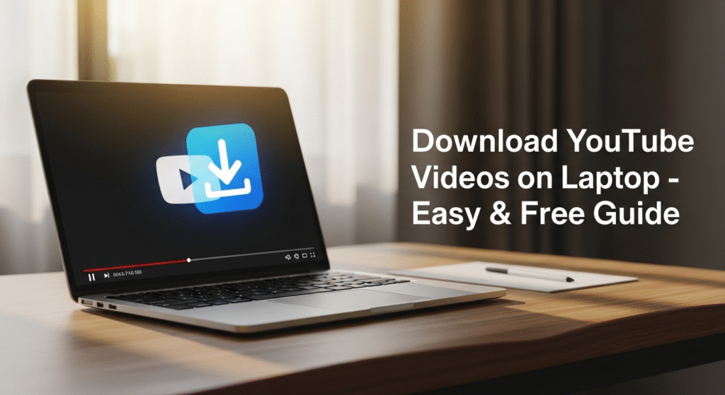 Laptop screen showing YouTube with a floating download icon and text “Download YouTube Videos on Laptop