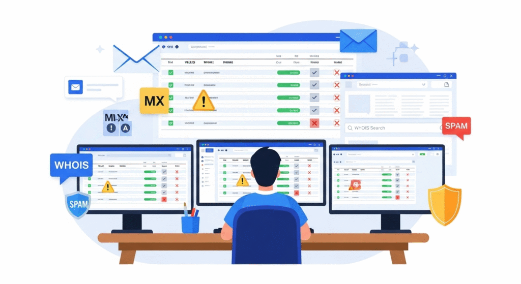 Flat‑style illustration of a modern 2025 SaaS dashboard showing bulk email verification, with checkmarks for valid emails, warning icons for risky ones, and red crosses for invalid emails on large computer monitors.